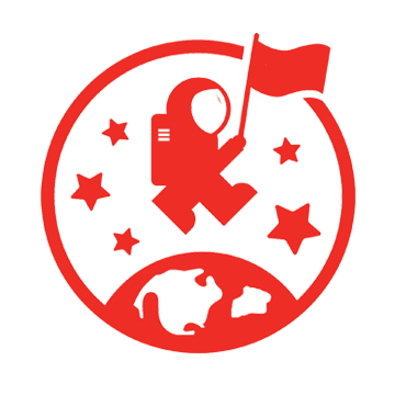 Le Discovery Explorateur: Un cercle rouge, avec une terre rouge stylisée en bas, cinq étoiles dans le cercle et un petit astronaute rouge avec un casque, tenant un drapeau, le tout en rouge.