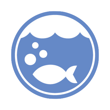 Le logo de l'océan: Un cercle bleu avec un poisson blanc et des bulles sortant de sa bouche, s'élevant vers le haut de l'eau.