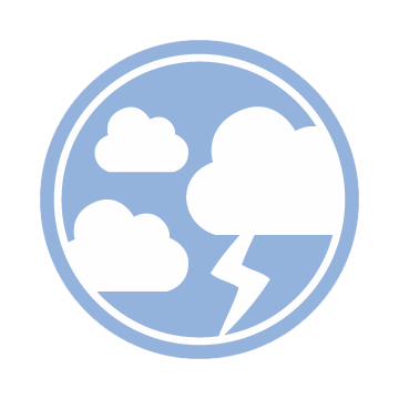 Le logo de l'atmosphère: un cercle bleu clair avec trois nuages ​​blancs et un éclair blanc.