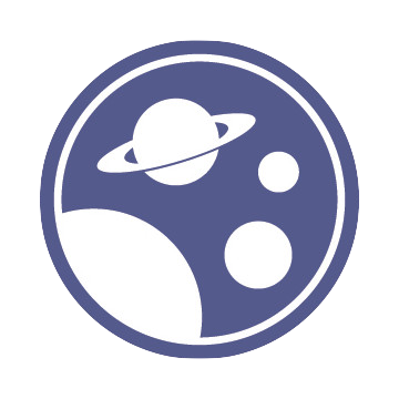 Пурпурно-синий круг с четырьмя планетами: одной кольцевой, одной большой и двумя маленькими.
