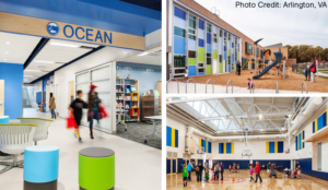 On the left, a picture of the bright white-and-blue Ocean hallway, with the word "Ocean" above it. At top right, a playground next to the school. At bottom right, a bright and large gymnasium with children playing.