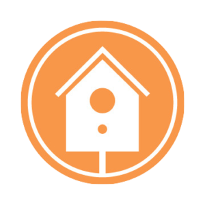 The Backyard Logo: An orange circle with a white birdhouse in the middle.