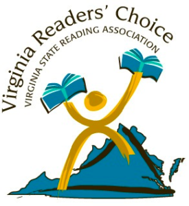 A stylized rendering of a yellow person holding aloft two blue books, standing on a picture of the blue shape of Virginia. Over the top of this, the words "Virginia Readers' Choice, Virginia State Reading Association."