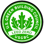 The green logo of the US Green Building Council, featuring three oak leaves, and the words "LEED Zero."