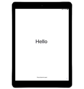 iPad displaying the "Hello" screen