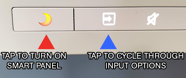 The frame of a SMART panel, showing two buttons, one marked "tap to turn on smart panel," and one marked "tap to cycle through input options."