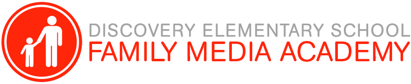 Un cercle rouge avec une icône d'un adulte tenant la main d'un enfant, et les mots "Discovery Académie familiale des médias de l'école primaire"