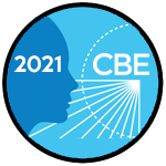 加州大學伯克利分校建築環境中心的標誌，一個人的藍色輪廓看著一個虛線的半圓形和白色的射線線，以及“CBE 2021”這個短語
