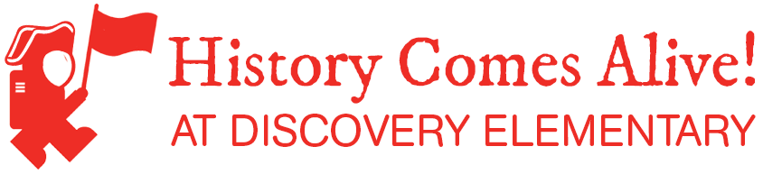 A logo of the Discovery Explorer wearing a tricorn hat and flying a flag, with the words "History Comes Alive! at Discovery Elementary"
