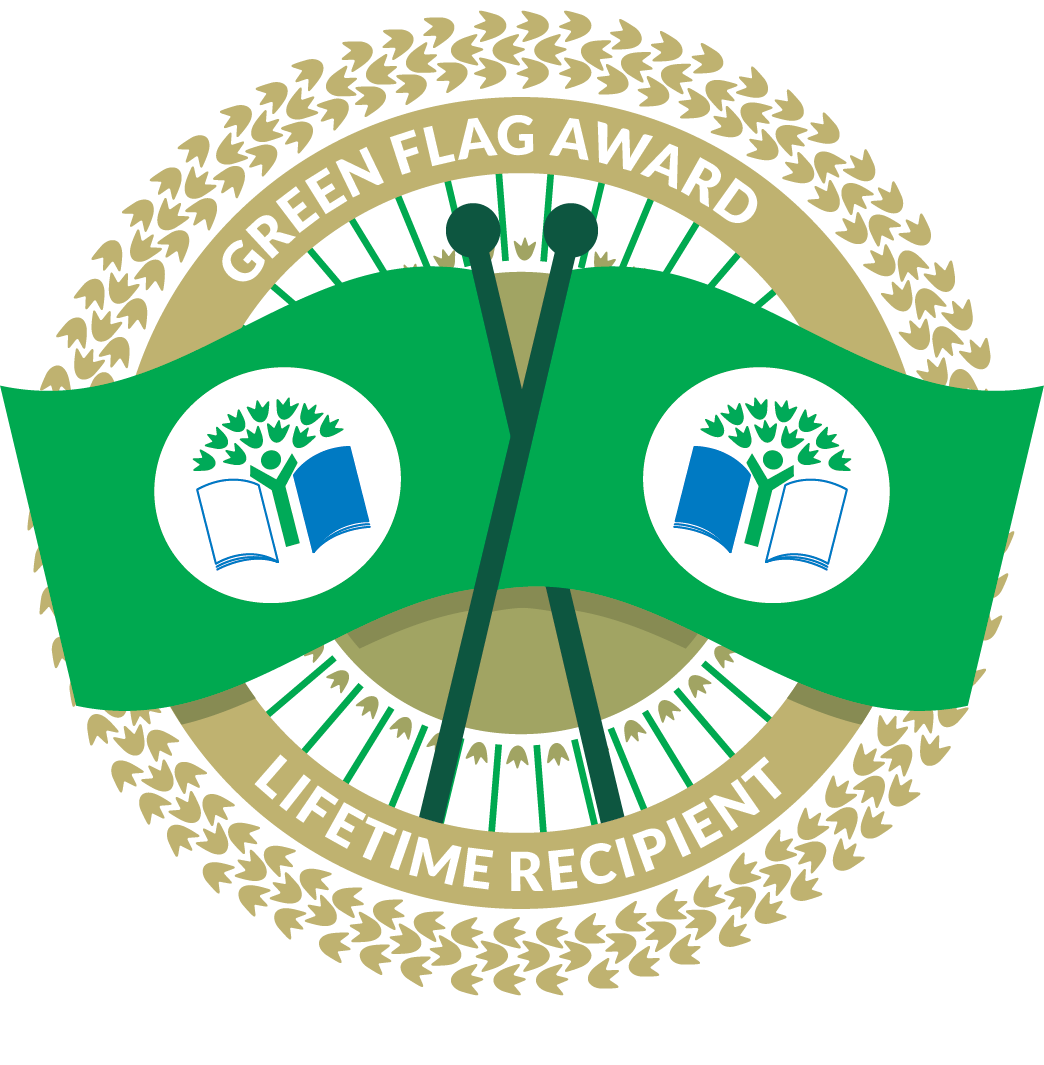 Two green flags bearing the Eco-Schools USA logo, and the text around it, white on a gold halo of animal tracks, "Green Flag Award, Lifetime Recipient."