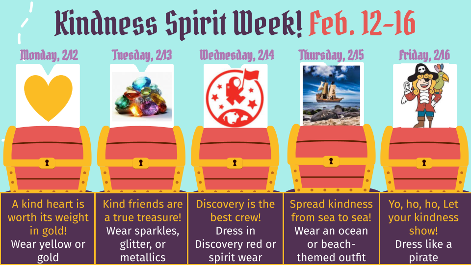 Kindness Spirit Week flyer outlining the five spirit days from February 12-16. Day 1 wear yellow or gold. Day 2 wear sparkles, glitter, or metallics. Day 3 wear Discovery red or spirit wear. Day 4 wear ocean or beach themed outfit. Day 5 dress like a pirate.
