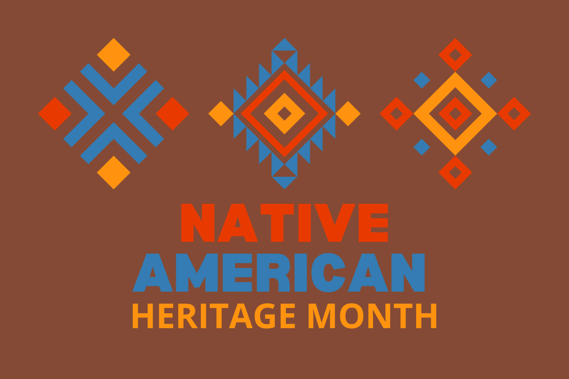 Brown background with blue, red, and orange native american tribal shapes and text reading "Native American Heritage Month"