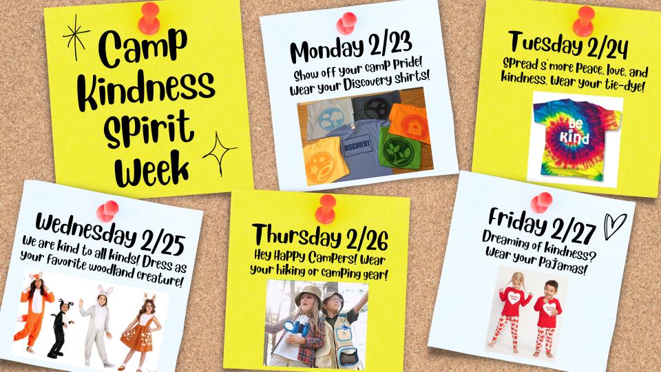 Cork board background with sticky notes denoting daily Kindness spirit week dress up days