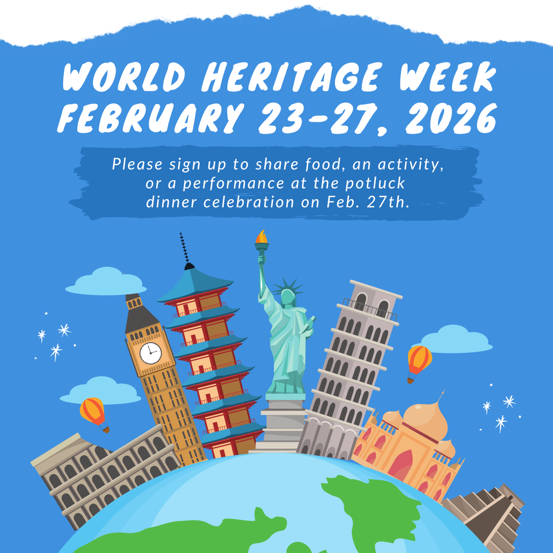 Globe with iconic landmarks across the top and text reading World. Heritage Week February 23-27, 2026