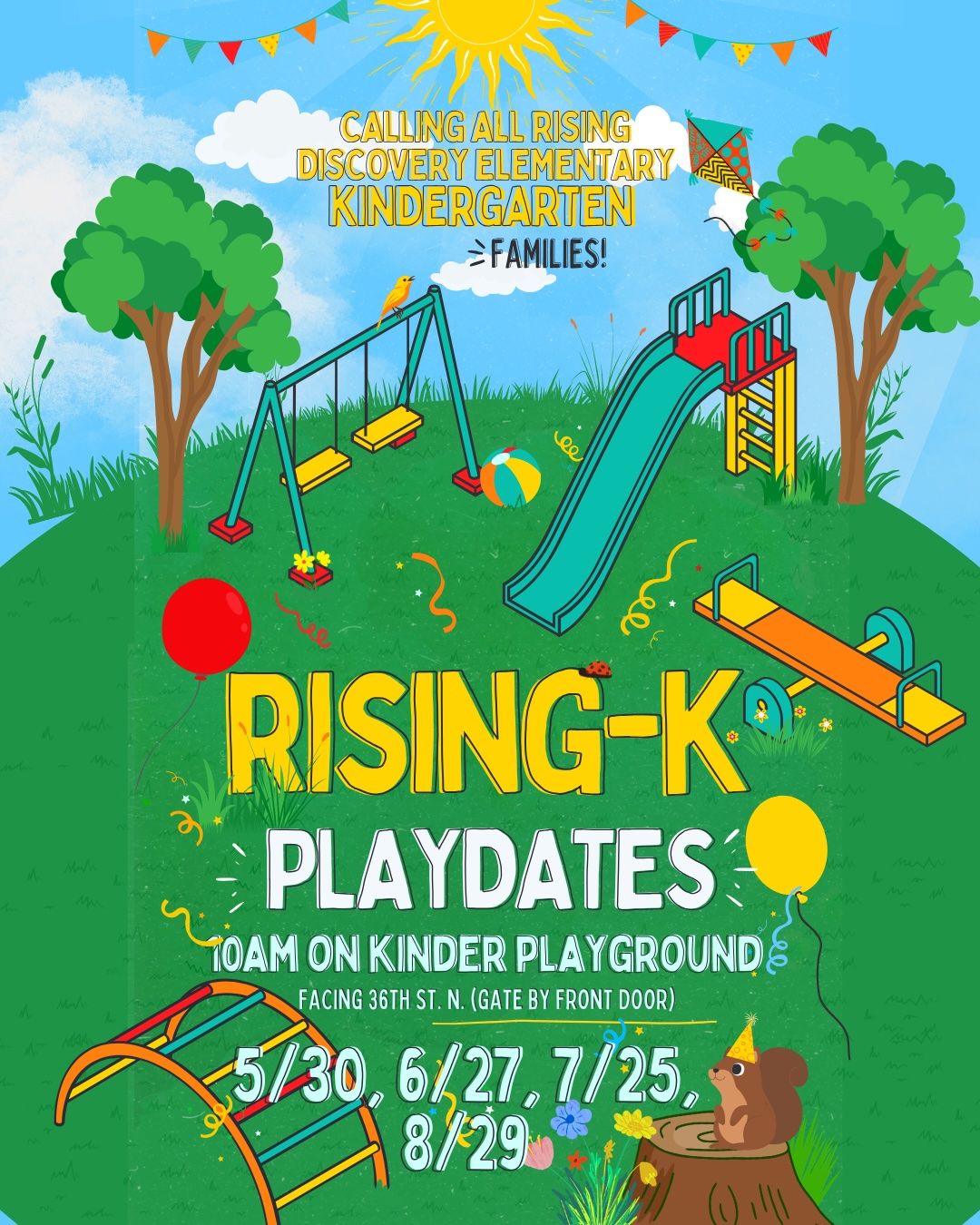 cartoon of playground with children playing and text reading "Rising k playdates, 10am on kinder playground, facing 36th st n, gate by front door, 5/30, 6/27, 7/25, 8/29"